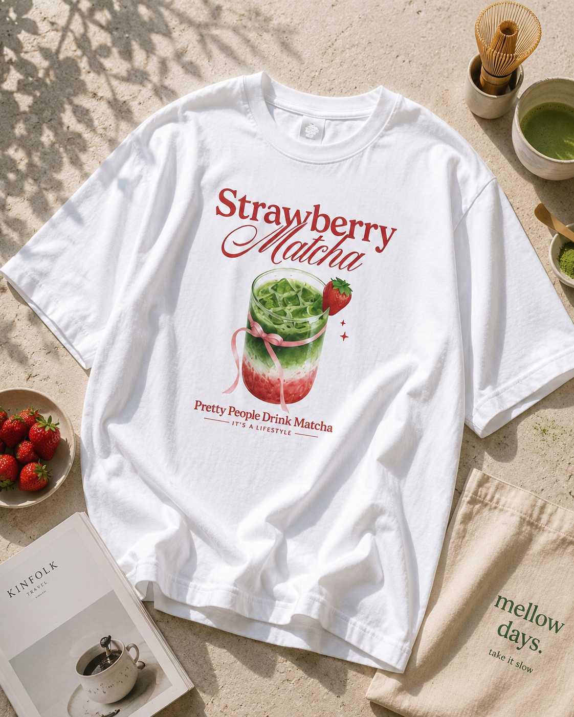 strawberry matcha tee — white