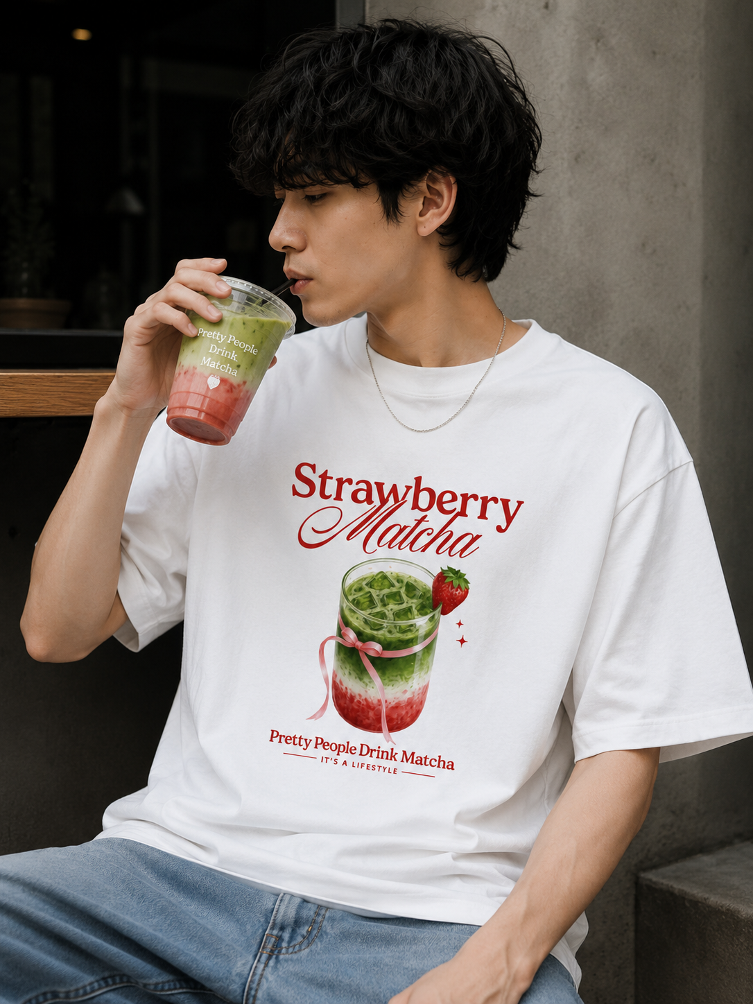 strawberry matcha tee — white